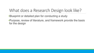 What does a Research Design look like?
•Blueprint or detailed plan for conducting a study
•Purpose, review of literature, and framework provide the basis
for the design
 
