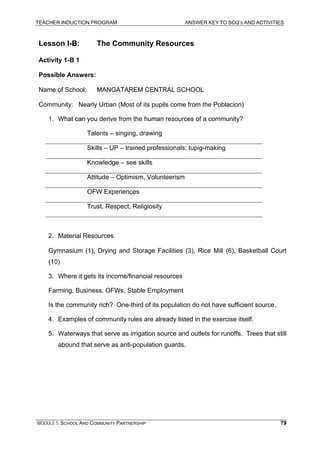 TEACHER INDUCTION PROGRAM ANSWER KEY TO SCQ’S AND ACTIVITIES
Lesson I-B: The Community Resources
Activity 1-B 1
Possible A...