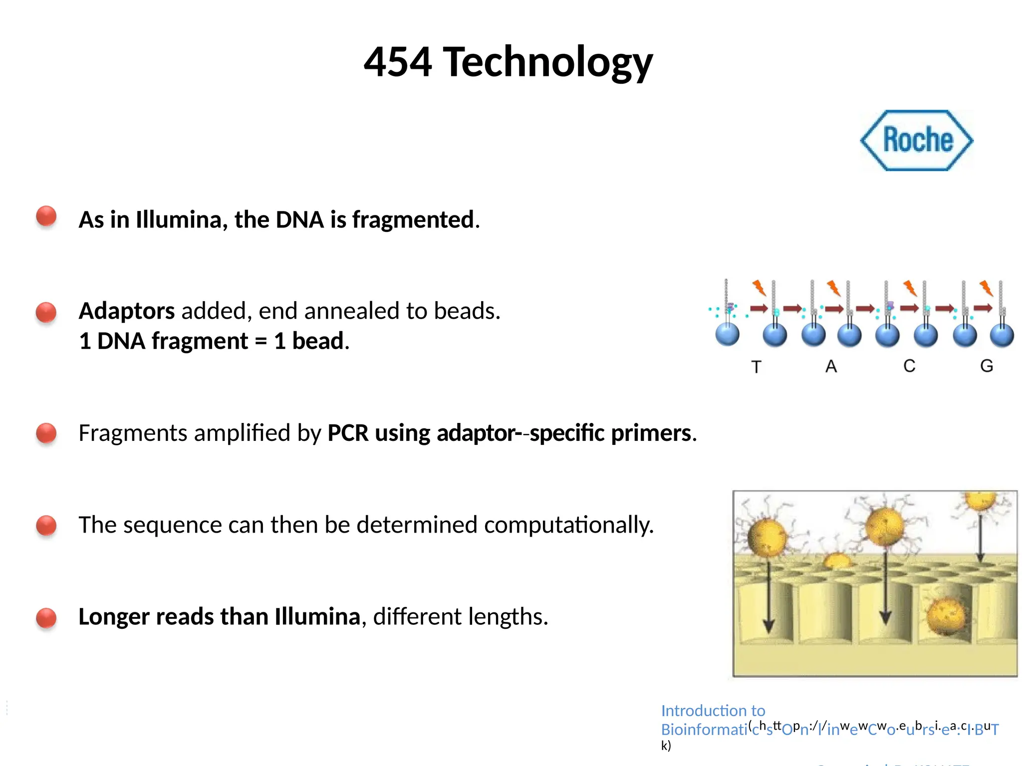 454 Technology
As in Illumina, the DNA is fragmented.
Adaptors added, end annealed to beads.
1 DNA fragment = 1 bead.
Fragments amplified by PCR using adaptor-­specific
‐ primers.
The sequence can then be determined computationally.
Longer reads than Illumina, different lengths.
Introduction to
Bioinformati(chsttOpn:/l/inwewCwo.eubrsi.ea:cI.BuT
k)
 