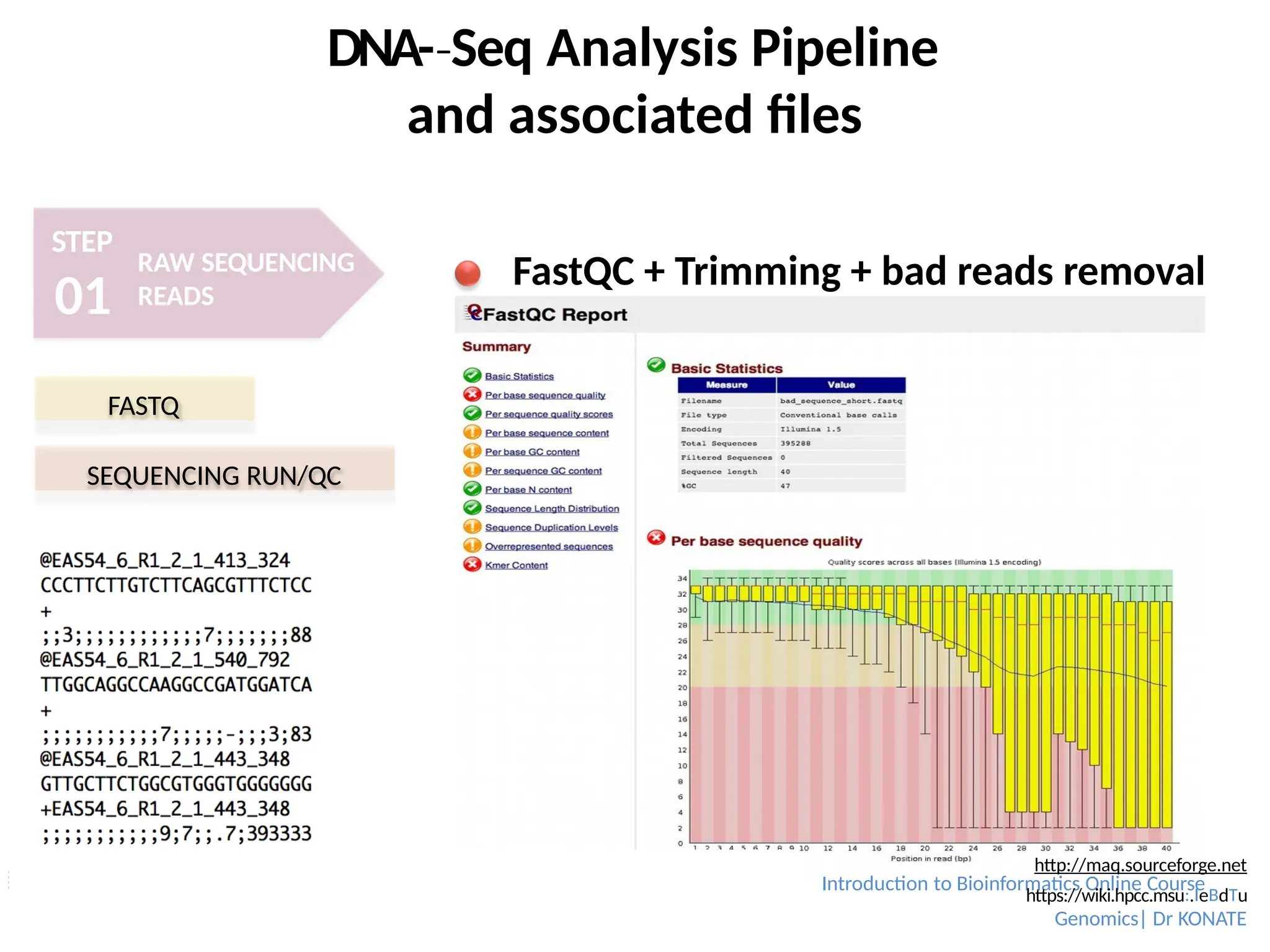 DNA-­Seq
‐ Analysis Pipeline
and associated files
STEP
01
RAW SEQUENCING
READS
FastQC + Trimming + bad reads removal
FASTQ
SEQUENCING RUN/QC
Introduction to Bioinformatics Online Course
http://maq.sourceforge.net
https://wiki.hpcc.msu:.IeBdTu
Genomics| Dr KONATE
 