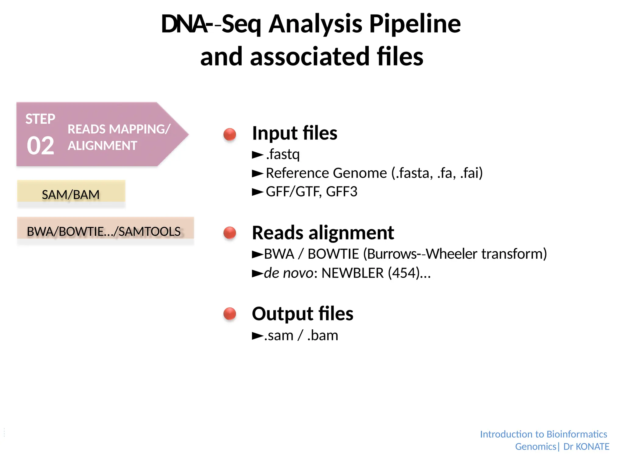 DNA-­Seq
‐ Analysis Pipeline
and associated files
STEP
02
READS MAPPING/
ALIGNMENT
SAM/BAM
BWA/BOWTIE…/SAMTOOLS
Input files
►.fastq
►Reference Genome (.fasta, .fa, .fai)
►GFF/GTF, GFF3
Reads alignment
►BWA / BOWTIE (Burrows-­Wheeler
‐ transform)
►de novo: NEWBLER (454)…
Output files
►.sam / .bam
Introduction to Bioinformatics
Genomics| Dr KONATE
 