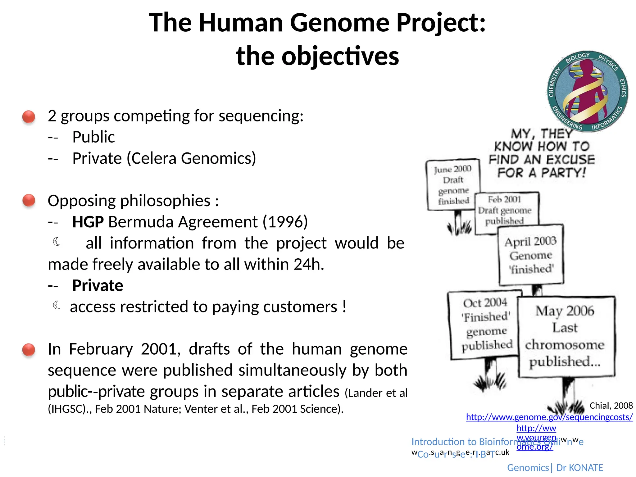 The Human Genome Project:
the objectives
2 groups competing for sequencing:
-­
‐ Public
-­
‐ Private (Celera Genomics)
Opposing philosophies :
-­
‐ HGP Bermuda Agreement (1996)
 all information from the project would be
made freely available to all within 24h.
-­
‐ Private
 access restricted to paying customers !
In February 2001, drafts of the human genome
sequence were published simultaneously by both
public-­private
‐ groups in separate articles (Lander et al
(IHGSC)., Feb 2001 Nature; Venter et al., Feb 2001 Science). Chial, 2008
http://www.genome.gov/sequencingcosts/
http://ww
w.yourgen
ome.org/
Introduction to Bioinformatics Onliwnwe
wCo.suarnsgee:rI.BaTc.uk
Genomics| Dr KONATE
 