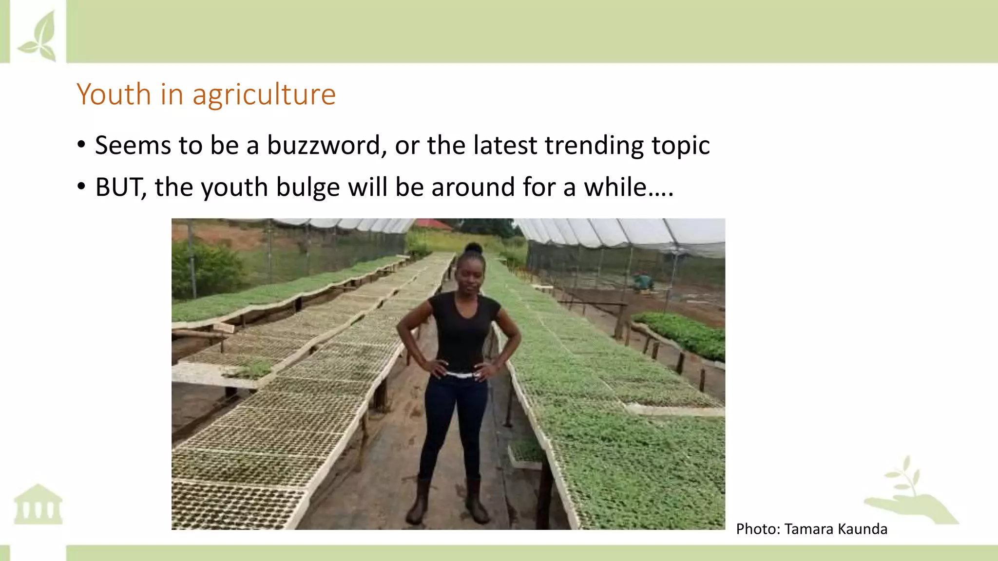 Youth in agriculture
• Seems to be a buzzword, or the latest trending topic
• BUT, the youth bulge will be around for a while….
Photo: Tamara Kaunda
 