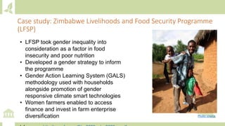 Case study: Zimbabwe Livelihoods and Food Security Programme
(LFSP)
• LFSP took gender inequality into
consideration as a factor in food
insecurity and poor nutrition
• Developed a gender strategy to inform
the programme
• Gender Action Learning System (GALS)
methodology used with households
alongside promotion of gender
responsive climate smart technologies
• Women farmers enabled to access
finance and invest in farm enterprise
diversification Photo source
 