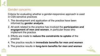 Criteria for evaluating whether a gender-responsive approach is used
in CSA-sensitive practices
1. The development and application of the practice have been
informed by gender analysis
2. All work related to the practice has involved the participation and
engagement of men and women, in particular those who
implement the practice
3. Efforts are made to reduce the constraints to uptake of the
practice
4. The practice results in immediate benefits for men and women
5. The practice results in long-term benefits for men and women
Gender concerns
 