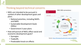 Thinking beyond technical concerns
• NDCs are intended to be pursued in
context of other development goals and
plans
• National priorities, including NAIPs
and NAPs
• Sustainable Development Goals
(SDGs)
• Government 5-year plans
• How will pursuit of NDCs affect social and
economic development goals?
• Synergies
• Tradeoffs
• Predictable knock-on effects
Source: https://klimalog.die-gdi.de/ndc-sdg/country/ZMB
NDC-SDG connections:
 