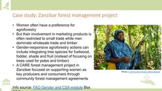 Case study: Zanzibar forest management project
• Women often have a preference for
agroforestry
• But their involvement in marketing products is
often restricted to small trade while men
dominate wholesale trade and timber
• Gender-responsive agroforestry actions can
include integrating tree species for fuelwood,
fodder, shade and fruit (instead of focusing on
trees used for poles and timber)
• A CARE forest management project in
Zanzibar focused on supporting women as
key producers and consumers through
community forest management agreements
Info source: FAO Gender and CSA module Box
Photo: Community Forests International
 