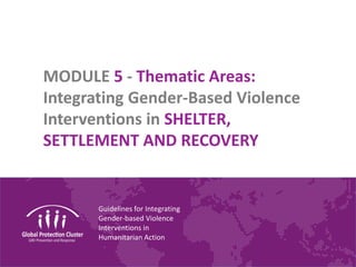 Guidelines for Integrating
Gender-based Violence
Interventions in
Humanitarian Action
MODULE 5 - Thematic Areas:
Integrating Gender-Based Violence
Interventions in SHELTER,
SETTLEMENT AND RECOVERY
 