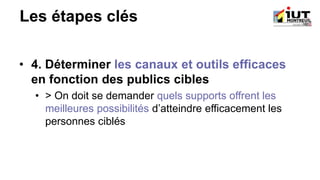 Les étapes clés
• 4. Déterminer les canaux et outils efficaces
en fonction des publics cibles
• > On doit se demander quels supports offrent les
meilleures possibilités d’atteindre efficacement les
personnes ciblés
 
