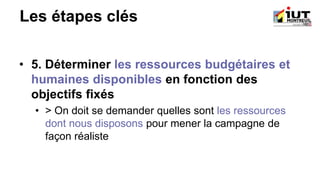 Les étapes clés
• 5. Déterminer les ressources budgétaires et
humaines disponibles en fonction des
objectifs fixés
• > On doit se demander quelles sont les ressources
dont nous disposons pour mener la campagne de
façon réaliste
 