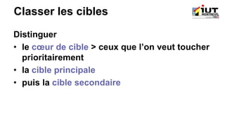 Classer les cibles
Distinguer
• le cœur de cible > ceux que l’on veut toucher
prioritairement
• la cible principale
• puis la cible secondaire
 