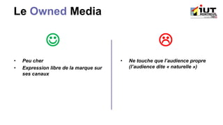 Le Owned Media
☺ 
• Peu cher
• Expression libre de la marque sur
ses canaux
• Ne touche que l’audience propre
(l’audience dite « naturelle »)
 
