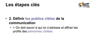 Les étapes clés
• 2. Définir les publics cibles de la
communication
• > On doit savoir à qui on s’adresse et affiner les
profils des personnes ciblées
 