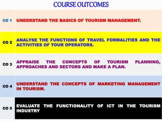 COURSE OUTCOMES
CO 1 UNDERSTAND THE BASICS OF TOURISM MANAGEMENT.
CO 2
ANALYSE THE FUNCTIONS OF TRAVEL FORMALITIES AND THE...