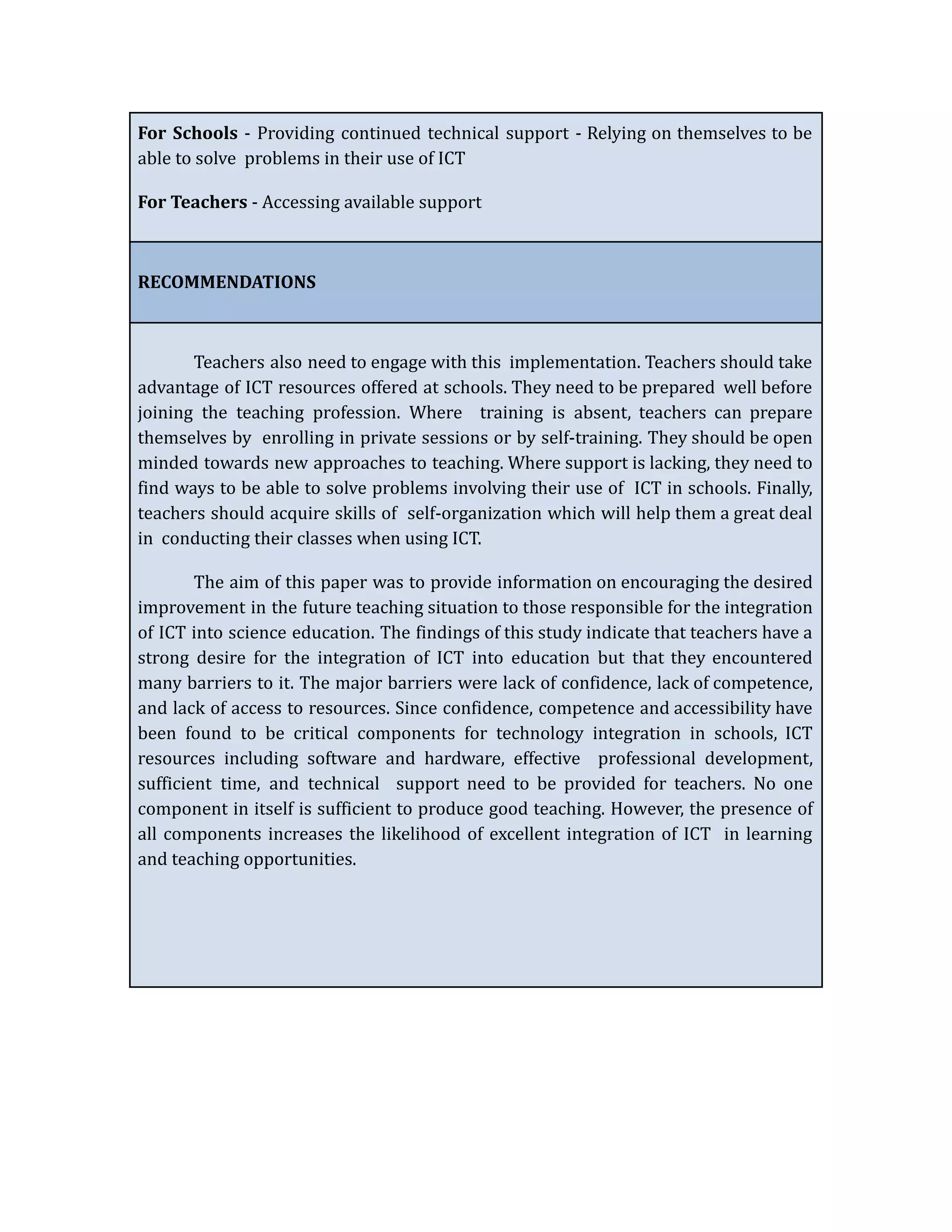 For Schools - Providing continued technical support - Relying on themselves to be
able to solve problems in their use of ICT
For Teachers - Accessing available support
RECOMMENDATIONS
Teachers also need to engage with this implementation. Teachers should take
advantage of ICT resources offered at schools. They need to be prepared well before
joining the teaching profession. Where training is absent, teachers can prepare
themselves by enrolling in private sessions or by self-training. They should be open
minded towards new approaches to teaching. Where support is lacking, they need to
find ways to be able to solve problems involving their use of ICT in schools. Finally,
teachers should acquire skills of self-organization which will help them a great deal
in conducting their classes when using ICT.
The aim of this paper was to provide information on encouraging the desired
improvement in the future teaching situation to those responsible for the integration
of ICT into science education. The findings of this study indicate that teachers have a
strong desire for the integration of ICT into education but that they encountered
many barriers to it. The major barriers were lack of confidence, lack of competence,
and lack of access to resources. Since confidence, competence and accessibility have
been found to be critical components for technology integration in schools, ICT
resources including software and hardware, effective professional development,
sufficient time, and technical support need to be provided for teachers. No one
component in itself is sufficient to produce good teaching. However, the presence of
all components increases the likelihood of excellent integration of ICT in learning
and teaching opportunities.
 