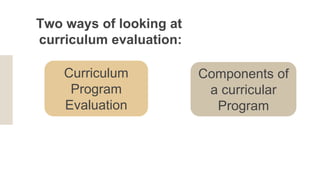 Two ways of looking at
curriculum evaluation:
Curriculum
Program
Evaluation
Components of
a curricular
Program
 