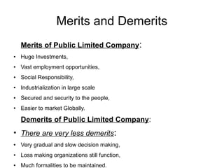 Merits and Demerits
Merits of Public Limited Company:
● Huge Investments,
● Vast employment opportunities,
● Social Responsibility,
● Industrialization in large scale
● Secured and security to the people,
● Easier to market Globally.
Demerits of Public Limited Company:
●
There are very less demerits:
● Very gradual and slow decision making,
● Loss making organizations still function,
● Much formalities to be maintained.
 