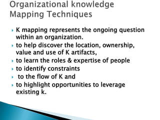  K mapping represents the ongoing question
within an organization.
 to help discover the location, ownership,
value and use of K artifacts,
 to learn the roles & expertise of people
 to identify constraints
 to the flow of K and
 to highlight opportunities to leverage
existing k.
 