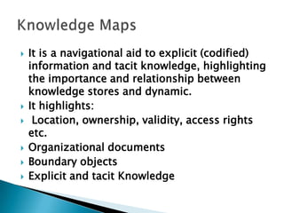  It is a navigational aid to explicit (codified)
information and tacit knowledge, highlighting
the importance and relationship between
knowledge stores and dynamic.
 It highlights:
 Location, ownership, validity, access rights
etc.
 Organizational documents
 Boundary objects
 Explicit and tacit Knowledge
 