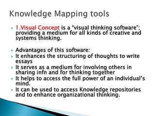  1.Visual Concept is a ―visual thinking software‖;
providing a medium for all kinds of creative and
systems thinking.
 Advantages of this software:
 It enhances the structuring of thoughts to write
essays
 It serves as a medium for involving others in
sharing infn and for thinking together
 It helps to access the full power of an individual‘s
mind.
 It can be used to access Knowledge repositories
and to enhance organizational thinking.
 
