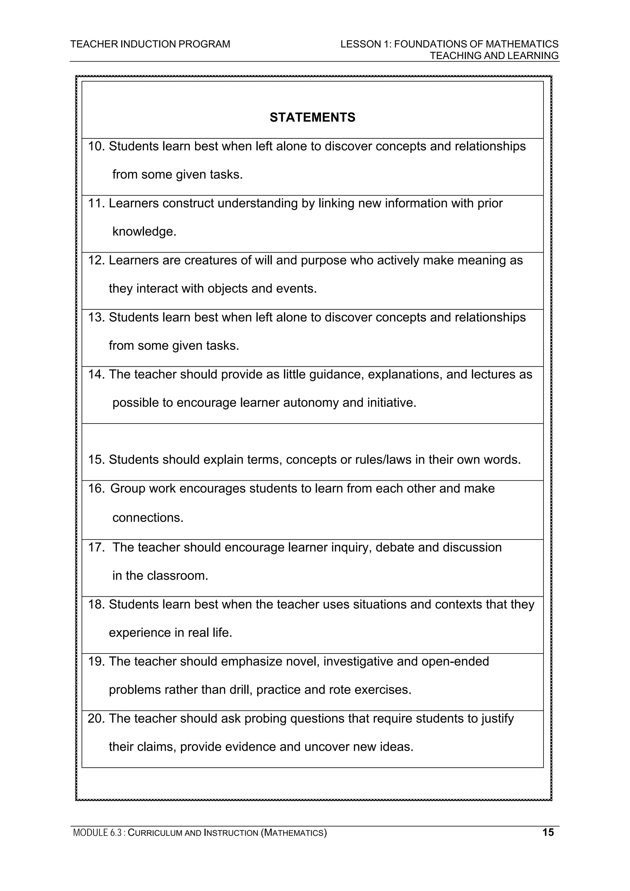 TEACHER INDUCTION PROGRAM LESSON 1: FOUNDATIONS OF MATHEMATICS
TEACHING AND LEARNING
MODULE 6.3 : CURRICULUM AND INSTRUCTION (MATHEMATICS) 15
READ
STATEMENTS
10. Students learn best when left alone to discover concepts and relationships
from some given tasks.
11. Learners construct understanding by linking new information with prior
knowledge.
12. Learners are creatures of will and purpose who actively make meaning as
they interact with objects and events.
13. Students learn best when left alone to discover concepts and relationships
from some given tasks.
14. The teacher should provide as little guidance, explanations, and lectures as
possible to encourage learner autonomy and initiative.
15. Students should explain terms, concepts or rules/laws in their own words.
16. Group work encourages students to learn from each other and make
connections.
17. The teacher should encourage learner inquiry, debate and discussion
in the classroom.
18. Students learn best when the teacher uses situations and contexts that they
experience in real life.
19. The teacher should emphasize novel, investigative and open-ended
problems rather than drill, practice and rote exercises.
20. The teacher should ask probing questions that require students to justify
their claims, provide evidence and uncover new ideas.
 