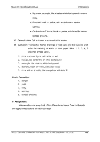 TEACHER INDUCTION PROGRAM APPENDICES
MODULE 6.9: CURRICULUM AND INSTRUCTION(TECHNOLOGY AND LIVELIHOOD EDUCATION) 100
c. Square or rectangle, black text on white background – means
obey.
d. Diamond, black on yellow, with arrow inside – means
warning.
e. Circle with an X inside, black on yellow, with letter R– means
railroad crossing.
C. Generalization: Call a student to summarize the lesson.
D. Evaluation: The teacher flashes drawings of road signs and the students shall
write the meaning of each on their paper (Nos. 1, 2, 3, 4, 5
drawings of road signs).
1. circle in square figure , with white on red
2. triangle, red border line on white background
3. rectangle, black text on white background
4. diamond, black on yellow, with arrow inside
5. circle with an X inside, black on yellow, with letter R
Key to Correction:
1. danger
2. yield
3. obey
4. warning
5. railroad-crossing
V- Assignment:
Make an album or scrap book of the different road signs. Draw or illustrate
and apply correct color/s for each road sign.
 