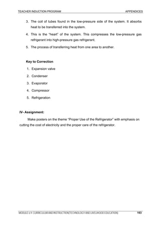 TEACHER INDUCTION PROGRAM APPENDICES
MODULE 6.9: CURRICULUM AND INSTRUCTION(TECHNOLOGY AND LIVELIHOOD EDUCATION) 103
3. The coil of tubes found in the low-pressure side of the system. It absorbs
heat to be transferred into the system.
4. This is the “heart” of the system. This compresses the low-pressure gas
refrigerant into high-pressure gas refrigerant.
5. The process of transferring heat from one area to another.
Key to Correction
1. Expansion valve
2. Condenser
3. Evaporator
4. Compressor
5. Refrigeration
IV- Assignment:
Make posters on the theme “Proper Use of the Refrigerator” with emphasis on
cutting the cost of electricity and the proper care of the refrigerator.
 