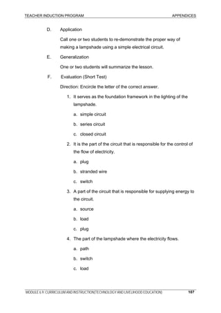 TEACHER INDUCTION PROGRAM APPENDICES
MODULE 6.9: CURRICULUM AND INSTRUCTION(TECHNOLOGY AND LIVELIHOOD EDUCATION) 107
D. Application
Call one or two students to re-demonstrate the proper way of
making a lampshade using a simple electrical circuit.
E. Generalization
One or two students will summarize the lesson.
F. Evaluation (Short Test)
Direction: Encircle the letter of the correct answer.
1. It serves as the foundation framework in the lighting of the
lampshade.
a. simple circuit
b. series circuit
c. closed circuit
2. It is the part of the circuit that is responsible for the control of
the flow of electricity.
a. plug
b. stranded wire
c. switch
3. A part of the circuit that is responsible for supplying energy to
the circuit.
a. source
b. load
c. plug
4. The part of the lampshade where the electricity flows.
a. path
b. switch
c. load
 