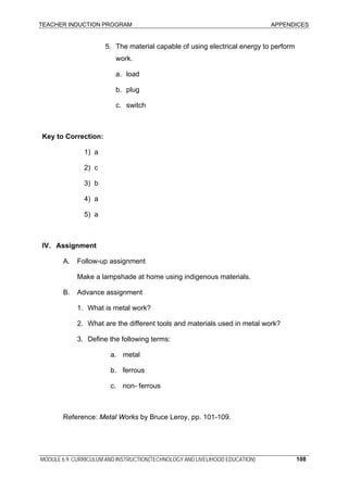 TEACHER INDUCTION PROGRAM APPENDICES
MODULE 6.9: CURRICULUM AND INSTRUCTION(TECHNOLOGY AND LIVELIHOOD EDUCATION) 108
5. The material capable of using electrical energy to perform
work.
a. load
b. plug
c. switch
Key to Correction:
1) a
2) c
3) b
4) a
5) a
IV. Assignment
A. Follow-up assignment
Make a lampshade at home using indigenous materials.
B. Advance assignment
1. What is metal work?
2. What are the different tools and materials used in metal work?
3. Define the following terms:
a. metal
b. ferrous
c. non- ferrous
Reference: Metal Works by Bruce Leroy, pp. 101-109.
 