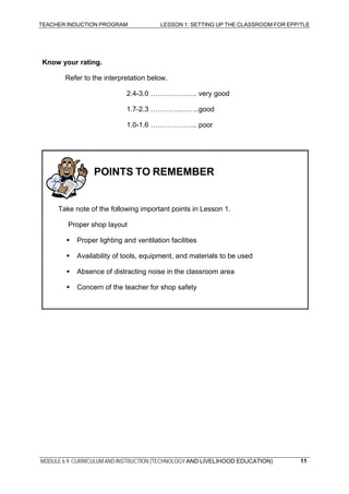 TEACHER INDUCTION PROGRAM LESSON 1: SETTING UP THE CLASSROOM FOR EPP/TLE
MODULE 6.9: CURRICULUM AND INSTRUCTION (TECHNOLOGY AND LIVELIHOOD EDUCATION)
Know your rating.
Refer to the interpretation below.
2.4-3.0 ……………….. very good
1.7-2.3 ………….……..good
1.0-1.6 ……………….. poor
11
POINTS TO REMEMBER
Take note of the following important points in Lesson 1.
Proper shop layout
Proper lighting and ventilation facilities
Availability of tools, equipment, and materials to be used
Absence of distracting noise in the classroom area
Concern of the teacher for shop safety
 