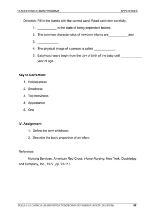 TEACHER INDUCTION PROGRAM APPENDICES
MODULE 6.9: CURRICULUM AND INSTRUCTION(TECHNOLOGY AND LIVELIHOOD EDUCATION) 66
Direction: Fill in the blanks with the correct word. Read each item carefully.
1. ___________ is the state of being dependent babies.
2. The common characteristics of newborn infants are___________ and
3. ____________
4. The physical image of a person is called ____________.
5. Babyhood years begin from the day of birth of the baby until ____________
year of age.
Key to Correction:
1. Helplessness
2. Smallness
3. Top heaviness
4. Appearance
5. One
IV. Assignment:
1. Define the term childhood.
2. Describe the body proportion of an infant.
Reference:
Nursing Services, American Red Cross. Home Nursing. New York: Doubleday
and Company, Inc., 1977, pp. 91-113.
 