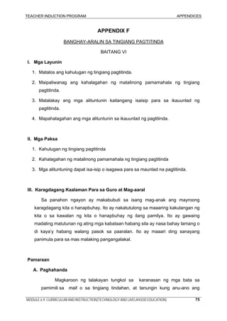 TEACHER INDUCTION PROGRAM APPENDICES
MODULE 6.9: CURRICULUM AND INSTRUCTION(TECHNOLOGY AND LIVELIHOOD EDUCATION) 75
APPENDIX F
BANGHAY-ARALIN SA TINGIANG PAGTITINDA
BAITANG VI
I. Mga Layunin
1. Matalos ang kahulugan ng tingiang pagtitinda.
2. Maipaliwanag ang kahalagahan ng matalinong pamamahala ng tingiang
pagtitinda.
3. Matalakay ang mga alituntunin kailangang isaisip para sa ikauunlad ng
pagtitinda.
4. Mapahalagahan ang mga alituntunin sa ikauunlad ng pagtitinda.
II. Mga Paksa
1. Kahulugan ng tingiang pagtitinda
2. Kahalagahan ng matalinong pamamahala ng tingiang pagtitinda
3. Mga alituntuning dapat isa-isip o isagawa para sa maunlad na pagtitinda.
III. Karagdagang Kaalaman Para sa Guro at Mag-aaral
Sa panahon ngayon ay makabubuti sa isang mag-anak ang mayroong
karagdagang kita o hanapbuhay. Ito ay nakatutulong sa maaaring kakulangan ng
kita o sa kawalan ng kita o hanapbuhay ng ilang pamilya. Ito ay gawaing
madaling matutunan ng ating mga kabataan habang sila ay nasa bahay lamang o
di kaya’y habang walang pasok sa paaralan. Ito ay maaari ding sanayang
panimula para sa mas malaking pangangalakal.
Pamaraan
A. Paghahanda
Magkaroon ng talakayan tungkol sa karanasan ng mga bata sa
pamimili sa mall o sa tingiang tindahan, at tanungin kung anu-ano ang
 