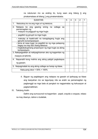 TEACHER INDUCTION PROGRAM APPENDICES
na natutunan mo sa araling ito, kung saan ang bilang 5 ang
pinakamataas at bilang 1 ang pinakamababa.
SUKATAN 5 4 3 2 1
1. Natutukoy ko na ang mga uri ng tekstura.
2. Natapos ko ang gawing sining na collage sa
pamamagitan ng:
- maayos na paggupit ng mga hugis
- pagdikit ng ginupit na mga hugis
- makulay at kaakit-akit na karagdagang hugis ang
iginuhit na komposisyon
- tama at nasa lugar na pagdikit ko ng mga patapong
bagay na may iba’t ibang tekstura
- magkakatugmang proporsyon ng mga hugis sa aking
komposisyon.
3. Nakipagpalitan at nakipaghiraman ako ng kagamitan ng
maayos at tahimik.
4. Napanatili kong malinis ang aking paligid pagkatapos
ng gawain.
5. Naipagmalaki ko ang aking collage sa harap ng klase.
Kabuuang iskor + 50% = 100%
4. Bigyan ng paglalagom ang natapos na gawain at ipahayag sa klase
ang kasiyahan mo sa tagumpay nila sa aralin sa pamamagitan ng
pagbanggit sa mga bata at pangkat na nagpamalas ng kahusayan at
pagkamalikhain.
IV. Takdang Aralin
Dalhin ang sumusunod na kagamitan: papel, crayola o craypas, retaso
na may disenyo, dahon o bulaklak.
MODULE 6.8: CURRICULUM AND INSTRUCTION (MSEP/MAPEH) 104
 