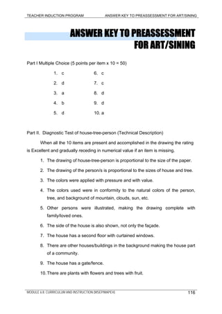 TEACHER INDUCTION PROGRAM ANSWER KEY TO PREASSESSMENT FOR ART/SINING
ANSWER KEY TO PREASSESSMENT
FOR ART/SINING
Part I Multiple Choice (5 points per item x 10 = 50)
1. c 6. c
2. d 7. c
3. a 8. d
4. b 9. d
5. d 10. a
Part II. Diagnostic Test of house-tree-person (Technical Description)
When all the 10 items are present and accomplished in the drawing the rating
is Excellent and gradually receding in numerical value if an item is missing.
1. The drawing of house-tree-person is proportional to the size of the paper.
2. The drawing of the person/s is proportional to the sizes of house and tree.
3. The colors were applied with pressure and with value.
4. The colors used were in conformity to the natural colors of the person,
tree, and background of mountain, clouds, sun, etc.
5. Other persons were illustrated, making the drawing complete with
family/loved ones.
6. The side of the house is also shown, not only the façade.
7. The house has a second floor with curtained windows.
8. There are other houses/buildings in the background making the house part
of a community.
9. The house has a gate/fence.
10.There are plants with flowers and trees with fruit.
MODULE 6.8: CURRICULUM AND INSTRUCTION (MSEP/MAPEH) 116
 