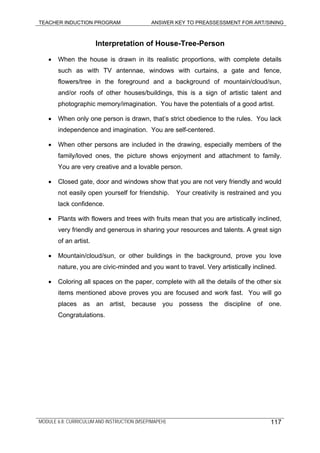 TEACHER INDUCTION PROGRAM ANSWER KEY TO PREASSESSMENT FOR ART/SINING
MODULE 6.8: CURRICULUM AND INSTRUCTION (MSEP/MAPEH) 117
Interpretation of House-Tree-Person
• When the house is drawn in its realistic proportions, with complete details
such as with TV antennae, windows with curtains, a gate and fence,
flowers/tree in the foreground and a background of mountain/cloud/sun,
and/or roofs of other houses/buildings, this is a sign of artistic talent and
photographic memory/imagination. You have the potentials of a good artist.
• When only one person is drawn, that’s strict obedience to the rules. You lack
independence and imagination. You are self-centered.
• When other persons are included in the drawing, especially members of the
family/loved ones, the picture shows enjoyment and attachment to family.
You are very creative and a lovable person.
• Closed gate, door and windows show that you are not very friendly and would
not easily open yourself for friendship. Your creativity is restrained and you
lack confidence.
• Plants with flowers and trees with fruits mean that you are artistically inclined,
very friendly and generous in sharing your resources and talents. A great sign
of an artist.
• Mountain/cloud/sun, or other buildings in the background, prove you love
nature, you are civic-minded and you want to travel. Very artistically inclined.
• Coloring all spaces on the paper, complete with all the details of the other six
items mentioned above proves you are focused and work fast. You will go
places as an artist, because you possess the discipline of one.
Congratulations.
 