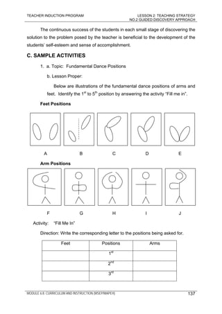 TEACHER INDUCTION PROGRAM LESSON 2: TEACHING STRATEGY
NO.2 GUIDED DISCOVERY APPROACH
MODULE 6.8: CURRICULUM AND INSTRUCTION (MSEP/MAPEH) 137
The continuous success of the students in each small stage of discovering the
solution to the problem posed by the teacher is beneficial to the development of the
students’ self-esteem and sense of accomplishment.
C. SAMPLE ACTIVITIES
1. a. Topic: Fundamental Dance Positions
b. Lesson Proper:
Below are illustrations of the fundamental dance positions of arms and
feet. Identify the 1st
to 5th
position by answering the activity “Fill me in”.
Feet Positions
A B C D E
Arm Positions
F G H I J
Activity: “Fill Me In”
Direction: Write the corresponding letter to the positions being asked for.
Feet Positions Arms
1st
2nd
3rd
 