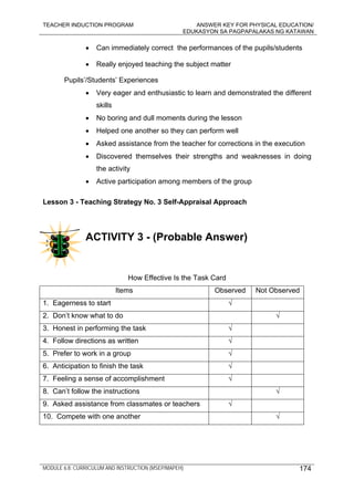 TEACHER INDUCTION PROGRAM ANSWER KEY FOR PHYSICAL EDUCATION/
EDUKASYON SA PAGPAPALAKAS NG KATAWAN
MODULE 6.8: CURRICULUM AND INSTRUCTION (MSEP/MAPEH) 174
• Can immediately correct the performances of the pupils/students
• Really enjoyed teaching the subject matter
Pupils’/Students’ Experiences
• Very eager and enthusiastic to learn and demonstrated the different
skills
• No boring and dull moments during the lesson
• Helped one another so they can perform well
• Asked assistance from the teacher for corrections in the execution
• Discovered themselves their strengths and weaknesses in doing
the activity
• Active participation among members of the group
Lesson 3 - Teaching Strategy No. 3 Self-Appraisal Approach
ACTIVITY 3 - (Probable Answer)
How Effective Is the Task Card
Items Observed Not Observed
1. Eagerness to start √
2. Don’t know what to do √
3. Honest in performing the task √
4. Follow directions as written √
5. Prefer to work in a group √
6. Anticipation to finish the task √
7. Feeling a sense of accomplishment √
8. Can’t follow the instructions √
9. Asked assistance from classmates or teachers √
10. Compete with one another √
 