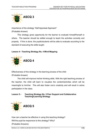 TEACHER INDUCTION PROGRAM ANSWER KEY FOR PHYSICAL EDUCATION/
EDUKASYON SA PAGPAPALAKAS NG KATAWAN
MODULE 6.8: CURRICULUM AND INSTRUCTION (MSEP/MAPEH) 175
ASCQ 3
Importance of the strategy “Self-Appraisal Approach”
(Probable Answer)
This strategy gives opportunity for the learner to evaluate himself/herself or
others. The teacher should be skilled enough to teach the activities correctly and
properly. If this is done, the pupils/students will be able to evaluate according to the
standard of executing the skills taught.
Lesson 4 - Teaching Strategy No. 4 Mind Mapping
ASCQ 4
Effectiveness of this strategy in the learning process of the child
(Probable Answer)
The child will improve his/her thinking skills. With the right teaching process of
the teacher, the child will learn to visualize the content/activities which will be
meaningful to him/her. This will also foster one’s creativity and will result in active
participation in the class.
Lesson 5 - Teaching Strategy No. 5 Peer Support and Collaborative
Teaching/Learning Strategy
ASCQ 5
How can a teacher be effective in using this teaching strategy?
Will the pupil be responsive to this strategy? Why?
(Probable Answers)
 
