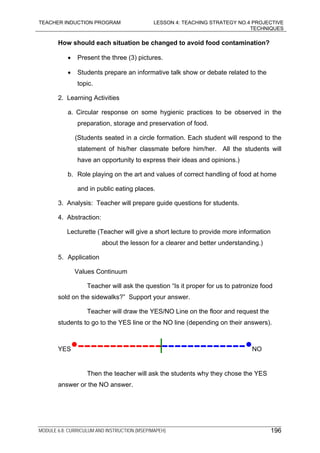 TEACHER INDUCTION PROGRAM LESSON 4: TEACHING STRATEGY NO.4 PROJECTIVE
TECHNIQUES
MODULE 6.8: CURRICULUM AND INSTRUCTION (MSEP/MAPEH) 196
How should each situation be changed to avoid food contamination?
• Present the three (3) pictures.
• Students prepare an informative talk show or debate related to the
topic.
2. Learning Activities
a. Circular response on some hygienic practices to be observed in the
preparation, storage and preservation of food.
(Students seated in a circle formation. Each student will respond to the
statement of his/her classmate before him/her. All the students will
have an opportunity to express their ideas and opinions.)
b. Role playing on the art and values of correct handling of food at home
and in public eating places.
3. Analysis: Teacher will prepare guide questions for students.
4. Abstraction:
Lecturette (Teacher will give a short lecture to provide more information
about the lesson for a clearer and better understanding.)
5. Application
Values Continuum
Teacher will ask the question “Is it proper for us to patronize food
sold on the sidewalks?” Support your answer.
Teacher will draw the YES/NO Line on the floor and request the
students to go to the YES line or the NO line (depending on their answers).
YES•--------------------------•NO
Then the teacher will ask the students why they chose the YES
answer or the NO answer.
 