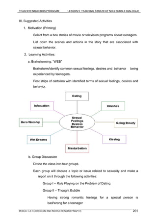 TEACHER INDUCTION PROGRAM LESSON 5: TEACHING STRATEGY NO.5 BUBBLE DIALOGUE
III. Suggested Activities
1. Motivation (Priming)
Select from a box stories of movie or television programs about teenagers.
List down the scenes and actions in the story that are associated with
sexual behavior.
2. Learning Activities:
a. Brainstorming: “WEB”
Brainstorm/identify common sexual feelings, desires and behavior being
experienced by teenagers.
Post strips of cartolina with identified terms of sexual feelings, desires and
behavior.
b. Group Discussion
Divide the class into four groups.
Each group will discuss a topic or issue related to sexuality and make a
report on it through the following activities:
Group I – Role Playing on the Problem of Dating
Group II – Thought Bubble
Having strong romantic feelings for a special person is
bad/wrong for a teenager
MODULE 6.8: CURRICULUM AND INSTRUCTION (MSEP/MAPEH) 201
 