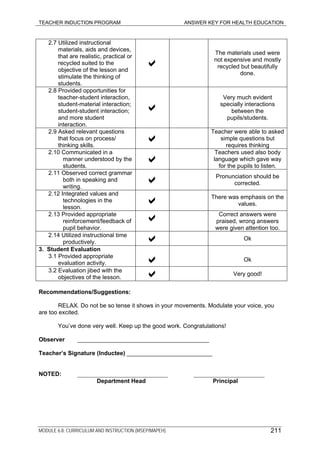 TEACHER INDUCTION PROGRAM ANSWER KEY FOR HEALTH EDUCATION
MODULE 6.8: CURRICULUM AND INSTRUCTION (MSEP/MAPEH) 211
2.7 Utilized instructional
materials, aids and devices,
that are realistic, practical or
recycled suited to the
objective of the lesson and
stimulate the thinking of
students.
a
The materials used were
not expensive and mostly
recycled but beautifully
done.
2.8 Provided opportunities for
teacher-student interaction,
student-material interaction;
student-student interaction;
and more student
interaction.
a
Very much evident
specially interactions
between the
pupils/students.
2.9 Asked relevant questions
that focus on process/
thinking skills. a
Teacher were able to asked
simple questions but
requires thinking
2.10 Communicated in a
manner understood by the
students. a
Teachers used also body
language which gave way
for the pupils to listen.
2.11 Observed correct grammar
both in speaking and
writing. a
Pronunciation should be
corrected.
2.12 Integrated values and
technologies in the
lesson. a
There was emphasis on the
values.
2.13 Provided appropriate
reinforcement/feedback of
pupil behavior.
a
Correct answers were
praised, wrong answers
were given attention too.
2.14 Utilized instructional time
productively. a Ok
3. Student Evaluation
3.1 Provided appropriate
evaluation activity. a Ok
3.2 Evaluation jibed with the
objectives of the lesson. a Very good!
Recommendations/Suggestions:
RELAX. Do not be so tense it shows in your movements. Modulate your voice, you
are too excited.
You’ve done very well. Keep up the good work. Congratulations!
Observer ________________________________________
Teacher’s Signature (Inductee) __________________________
NOTED: ____________________________ ______________________
Department Head Principal
 
