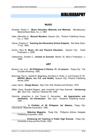 TEACHER INDUCTION PROGRAM BIBLIOGRAPHY
BIBLIOGRAPHY
MUSIC
Rivadelo, Rosita F. Music Education Materials and Methods. Mandaluyong:
National Book Store, Inc., c. 1987.
Isleta, Mercedes A. Musical Wonders. Quezon City: Phoenix Publishing House,
Inc., c. 1993.
Garcia, Crispina C. Teaching the Elementary School Subjects. Rex Book Store,
1st
ed., 1995.
Sunico, Raul M. Music, Art and Physical Education. Quezon City: Tawid
Publication, c. 2000.
Valdecantos, Emelita C., Umawit at Gumuhit, Manila: St. Mary’s Publication, c.
1999.
ART
Benesa, Leo, et al. Art Philippines A History: 15 - 21 present. Pasay City: The
Crucible Workshop, 1992.
Buenviaje, Paz A., Isabelo R. Magbitang, Servillano A. Padiz, Jr. and Corazon R. Wi.
MAPEH (Music, Art, P.E. and Health). Quezon City: Phoenix Publishing
House, 2004.
Lauer, David. Design Basics. New York: Holt, Rinehart and Winston, 1979.
Mittler, Gene, Rosalind Ragans, Jean Unsworth and Faye Scannell. Introducing
Art. New York: Glencos / McGraw-Hill, 1999.
Pasricha, Josephine A. and Tomas C. Hernandez. Art Appreciation and
Aesthetics: An Introduction. San Juan: Academic Publishing House,
1981.
_____________. A Portfolio of 60 Philippine Art Masters. Pasig City:
Instructional Materials Corporation, 1986.
_____________. Mabuhay Magazine. Pasig City: Philippine Airlines, Eastgate
Publishing Corporation, 2002.
_____________. Enhancing Art Teaching in Public High Schools. Pasig City:
University of Asia and the Pacific, 2003.
MODULE 6.8: CURRICULUM AND INSTRUCTION (MSEP/MAPEH) 213
 