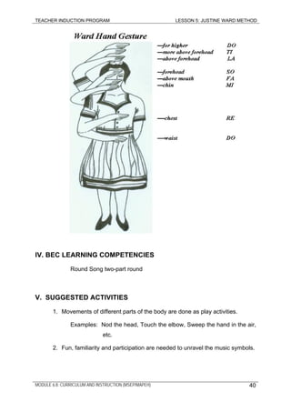 TEACHER INDUCTION PROGRAM LESSON 5: JUSTINE WARD METHOD
IV. BEC LEARNING COMPETENCIES
Round Song two-part round
V. SUGGESTED ACTIVITIES
1. Movements of different parts of the body are done as play activities.
Examples: Nod the head, Touch the elbow, Sweep the hand in the air,
etc.
2. Fun, familiarity and participation are needed to unravel the music symbols.
MODULE 6.8: CURRICULUM AND INSTRUCTION (MSEP/MAPEH) 40
 