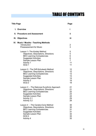 TABLE OF CONTENTS
Title Page Page
I. Overview i
II. Procedure and Assessment ii
III. Objectives iii
IV. Music / Musika - Teaching Methods
Introduction 2
Preassessment for Music 3
Lesson 1- The Kodaly Method 5
Objectives, Descriptions, Directions 5
BEC Learning Competencies 6
Suggested Activities 6
Sample Lesson Plan 7
Activity 1 11
SCQ 1 11
Lesson 2 - The Orff-Schulwerk Method 12
Objectives, Descriptions, Directions 12
BEC Learning Competencies 13
Suggested Activities 13
Sample Lesson Plan 14
Activity 2 19
SCQ 2 19
Lesson 3 - The Dalcroze Eurythmic Approach 21
Objectives, Descriptions, Directions 21
BEC Learning Competencies 22
Suggested Activities 23
Sample Lesson Plan 24
Activity 3.1 29
Activity 3.2 29
Lesson 4 - The Carabo-Cone Method 30
Objectives, Descriptions, Directions 30
BEC Learning Competencies 31
Suggested Activities 31
Sample Lesson Plan 32
SCQ 4 35
Activity 4 35
iv
 