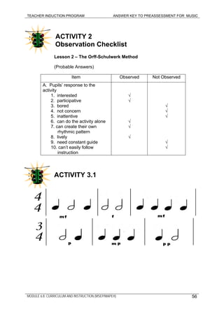 TEACHER INDUCTION PROGRAM ANSWER KEY TO PREASSESSMENT FOR MUSIC
ACTIVITY 2
Observation Checklist
Lesson 2 – The Orff-Schulwerk Method
(Probable Answers)
Item Observed Not Observed
A. Pupils’ response to the
activity
1. interested
2. participative
3. bored
4. not concern
5. inattentive
6. can do the activity alone
7. can create their own
rhythmic pattern
8. lively
9. need constant guide
10. can’t easily follow
instruction
√
√
√
√
√
√
√
√
√
√
ACTIVITY 3.1
MODULE 6.8: CURRICULUM AND INSTRUCTION (MSEP/MAPEH) 56
 