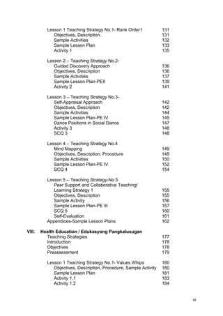Lesson 1 Teaching Strategy No.1- Rank Order1 131
Objectives, Description. 131
Sample Activities 132
Sample Lesson Plan 133
Activity 1 135
Lesson 2 – Teaching Strategy No.2-
Guided Discovery Approach 136
Objectives, Description 136
Sample Activities 137
Sample Lesson Plan-PEII 139
Activity 2 141
Lesson 3 – Teaching Strategy No.3-
Self-Appraisal Approach 142
Objectives, Description 142
Sample Activities 144
Sample Lesson Plan-PE IV 145
Dance Positions in Social Dance 147
Activity 3 148
SCQ 3 148
Lesson 4 – Teaching Strategy No.4
Mind Mapping 149
Objectives, Description, Procedure 149
Sample Activities 150
Sample Lesson Plan-PE IV 152
SCQ 4 154
Lesson 5 – Teaching Strategy-No.5
Peer Support and Collaborative Teaching/
Learning Strategy 1 155
Objectives, Description 155
Sample Activity 156
Sample Lesson Plan-PE III 157
SCQ 5 160
Self-Evaluation 161
Appendices-Sample Lesson Plans 162
VIII. Health Education / Edukasyong Pangkalusugan
Teaching Strategies 177
Introduction 178
Objectives 178
Preassessment 179
Lesson 1 Teaching Strategy No.1- Values Whips 180
Objectives, Description, Procedure, Sample Activity 180
Sample Lesson Plan 181
Activity 1.1 183
Activity 1.2 184
vi
 