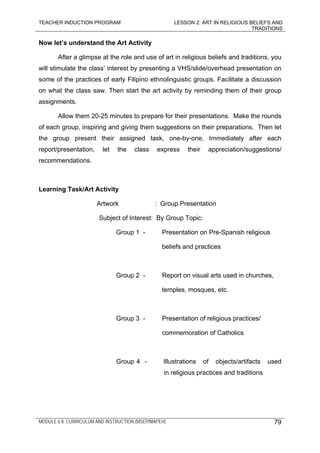 TEACHER INDUCTION PROGRAM LESSON 2: ART IN RELIGIOUS BELIEFS AND
TRADITIONS
MODULE 6.8: CURRICULUM AND INSTRUCTION (MSEP/MAPEH) 79
Now let’s understand the Art Activity
After a glimpse at the role and use of art in religious beliefs and traditions, you
will stimulate the class’ interest by presenting a VHS/slide/overhead presentation on
some of the practices of early Filipino ethnolinguistic groups. Facilitate a discussion
on what the class saw. Then start the art activity by reminding them of their group
assignments.
Allow them 20-25 minutes to prepare for their presentations. Make the rounds
of each group, inspiring and giving them suggestions on their preparations. Then let
the group present their assigned task, one-by-one. Immediately after each
report/presentation, let the class express their appreciation/suggestions/
recommendations.
Learning Task/Art Activity
Artwork : Group Presentation
Subject of Interest: By Group Topic:
Group 1 - Presentation on Pre-Spanish religious
beliefs and practices
Group 2 - Report on visual arts used in churches,
temples, mosques, etc.
Group 3 - Presentation of religious practices/
commemoration of Catholics
Group 4 - Illustrations of objects/artifacts used
in religious practices and traditions
 