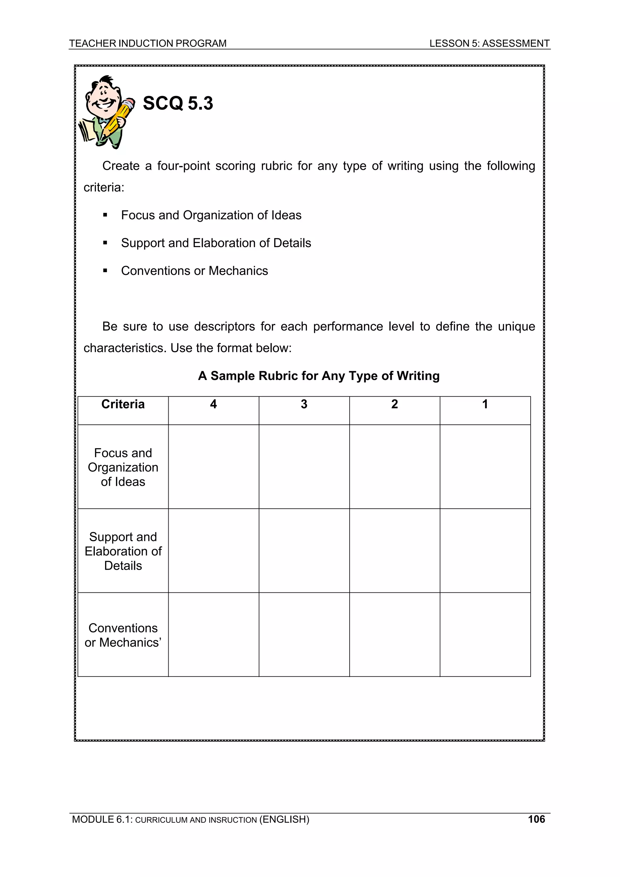 TEACHER INDUCTION PROGRAM LESSON 5: ASSESSMENT 
SCQ 5.3 
Create a four-point scoring rubric for any type of writing using the following criteria: 
ƒ Focus and Organization of Ideas 
ƒ Support and Elaboration of Details 
ƒ Conventions or Mechanics 
Be sure to use descriptors for each performance level to define the unique characteristics. Use the format below: 
A Sample Rubric for Any Type of Writing 
Criteria 
4 
3 
2 
1 
Focus and Organization of Ideas 
Support and Elaboration of Details 
Conventions or Mechanics’ 
MODULE 6.1: CURRICULUM AND INSRUCTION (ENGLISH) 
106 
 