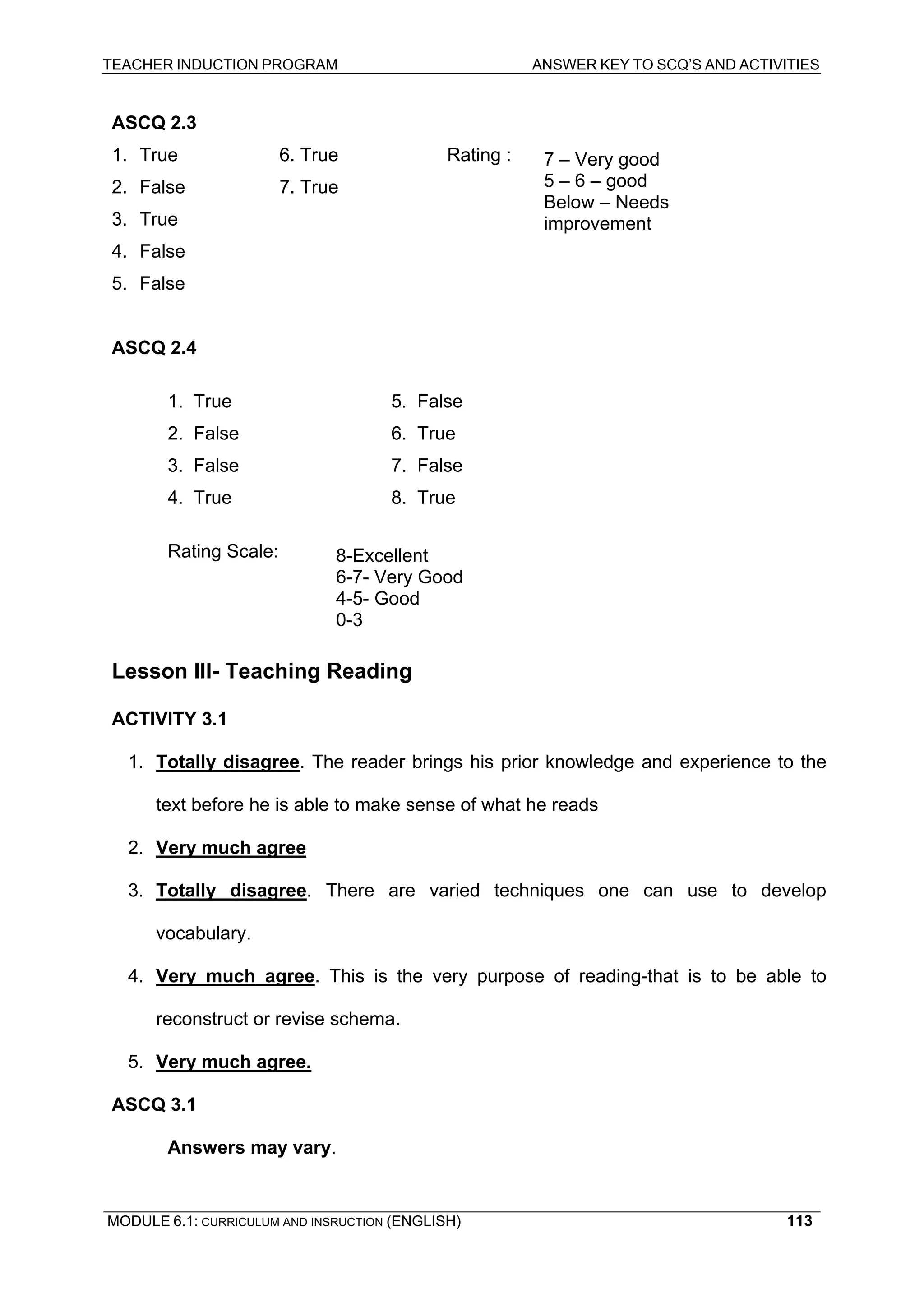 TEACHER INDUCTION PROGRAM ANSWER KEY TO SCQ’S AND ACTIVITIES 
ASCQ 2.3 
1. True 6. True Rating : 
7 – Very good 
5 – 6 – good 
2. False 7. True 
Below – Needs improvement 
3. True 
4. False 
5. False 
ASCQ 2.4 
1. True 5. False 
2. False 6. True 
3. False 7. False 
4. 
True 8. True 
Ra 
ting Scale: 
8-Excellent 
6-7- Very Good 
4-5- Good 
0-3 
Lesson III- Teaching Reading 
ACTIVITY 3.1 
1. Totally disagree. The reader brings his prior knowledge and experience to the text before he is able to make sense of what he reads 
2. Very much agree 
3. Totally disagree. There are varied techniques one can use to develop vocabulary. 
4. Very much agree. This is the very purpose of reading-that is to be able to reconstruct or revise schema. 
5. Very much agree. 
ASCQ 3.1 
Answers may vary. 
MODULE 6.1: CURRICULUM AND INSRUCTION (ENGLISH) 
113 
 
